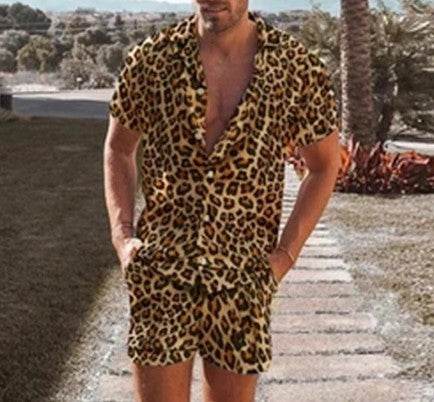 Summer Wear Men Sets Leopard Printed Lapel Short Sleeve - Velora