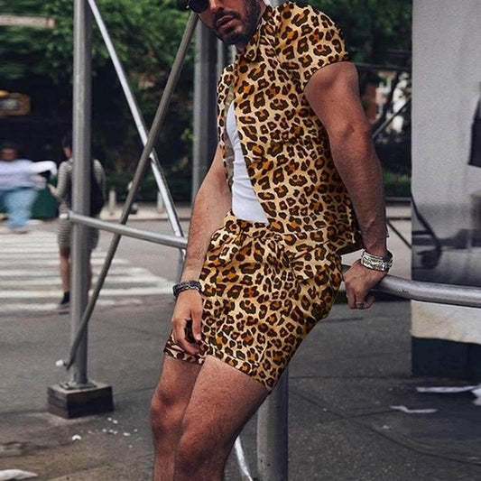 Summer Wear Men Sets Leopard Printed Lapel Short Sleeve - Velora