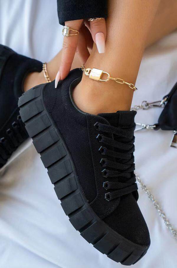 Lace-up Canvas Shoes Summer Round Toe Platform Single Shoes For Women Sneakers - Velora