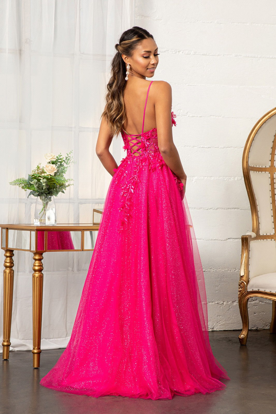 3-D Flower Applique Glitter Mesh A-line Dress