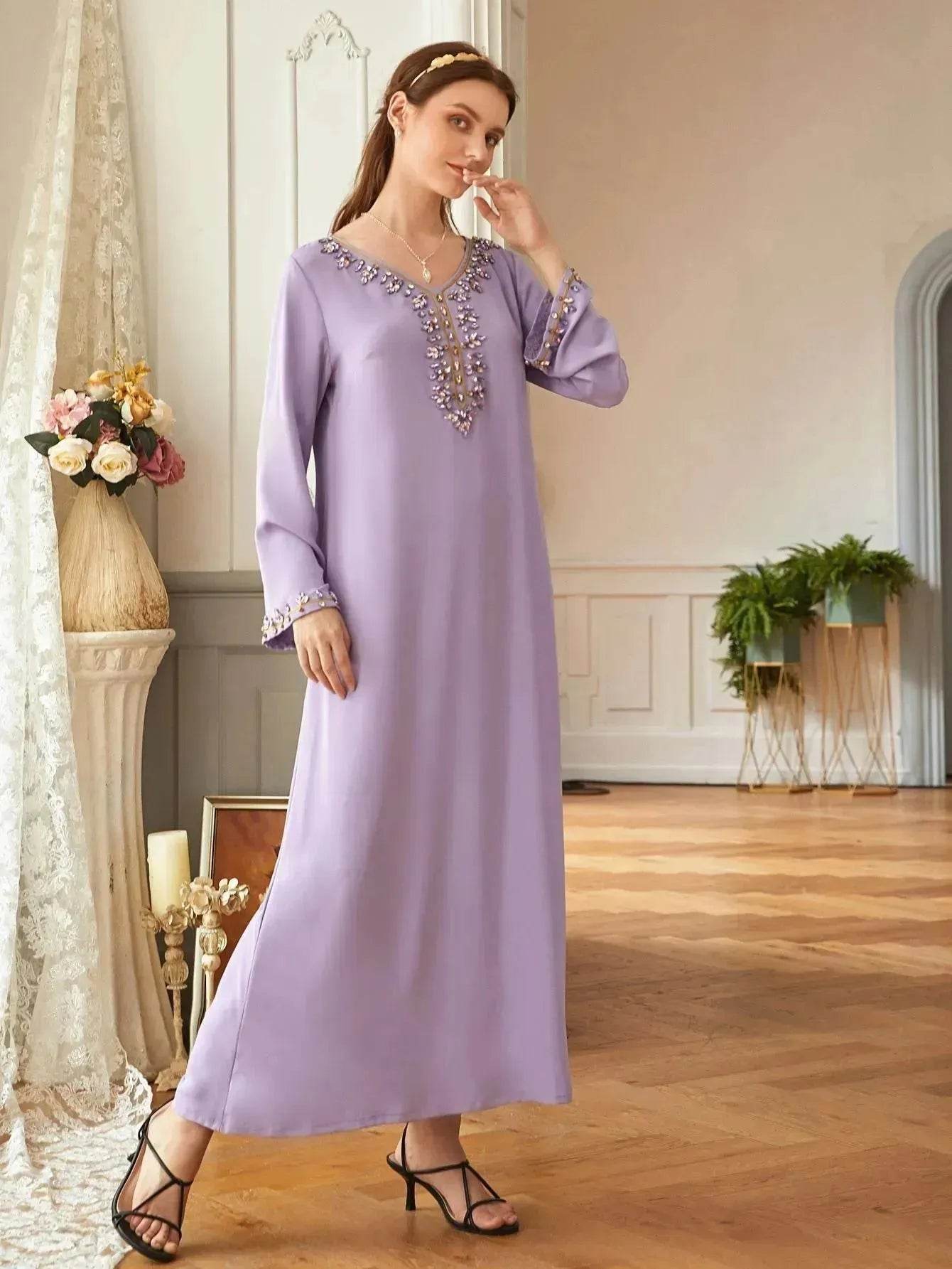 Casual Light Purple Heavy Industry Rhinestone Phnom Penh Robe Middle East Turkey Dress - Velora