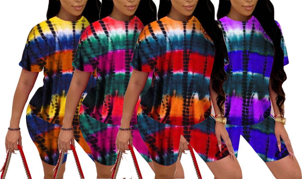 Tie-Dye Printed Pajama Sets Womens Summer Slim Casual Sleep Short Sleeve Shorts Sports Suit Loungewear Women Pigiama Donna - Velora