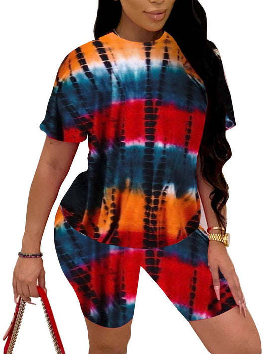 Tie-Dye Printed Pajama Sets Womens Summer Slim Casual Sleep Short Sleeve Shorts Sports Suit Loungewear Women Pigiama Donna - Velora