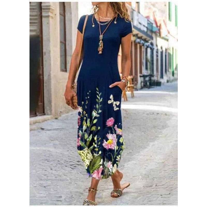 Round Neck Pocket Short Sleeve Trendy Printed Dress - Velora