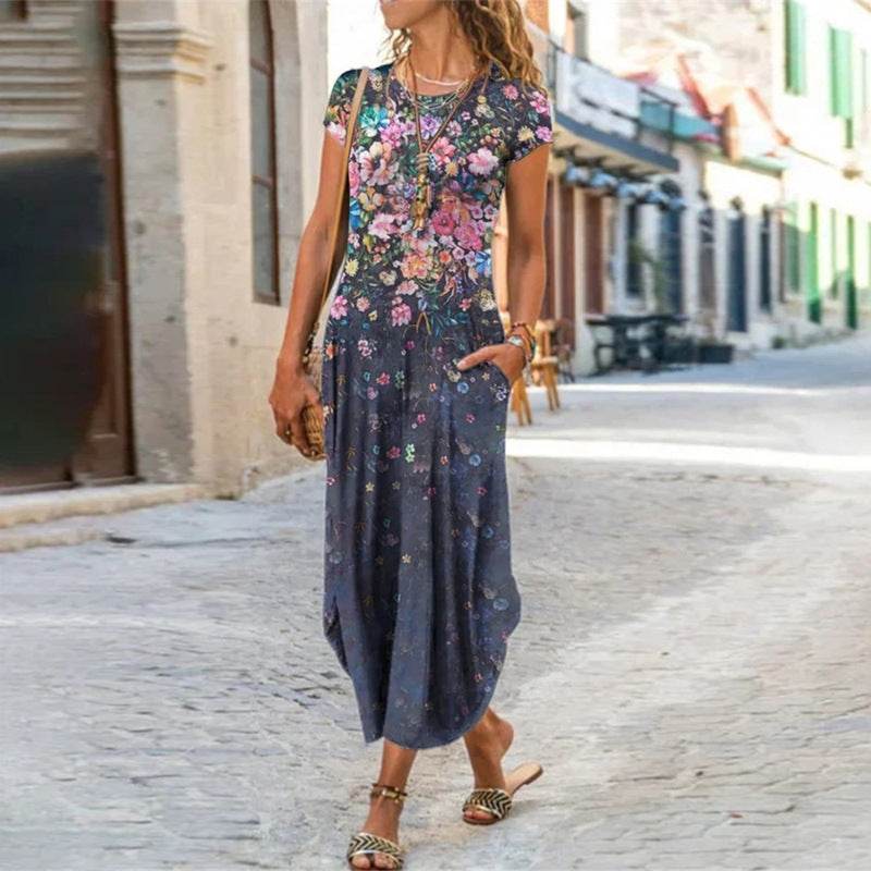 Round Neck Pocket Short Sleeve Trendy Printed Dress - Velora