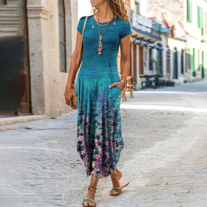 Round Neck Pocket Short Sleeve Trendy Printed Dress - Velora