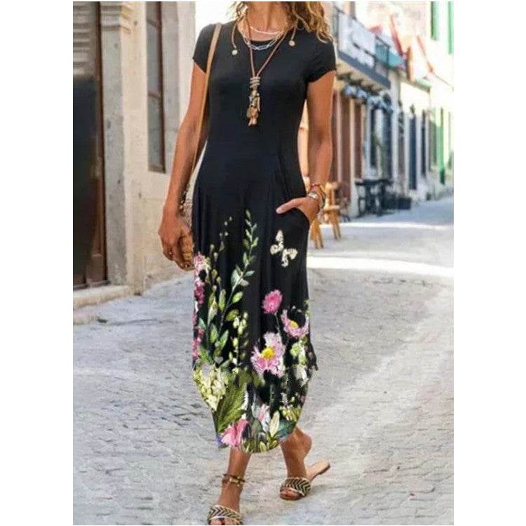 Round Neck Pocket Short Sleeve Trendy Printed Dress - Velora