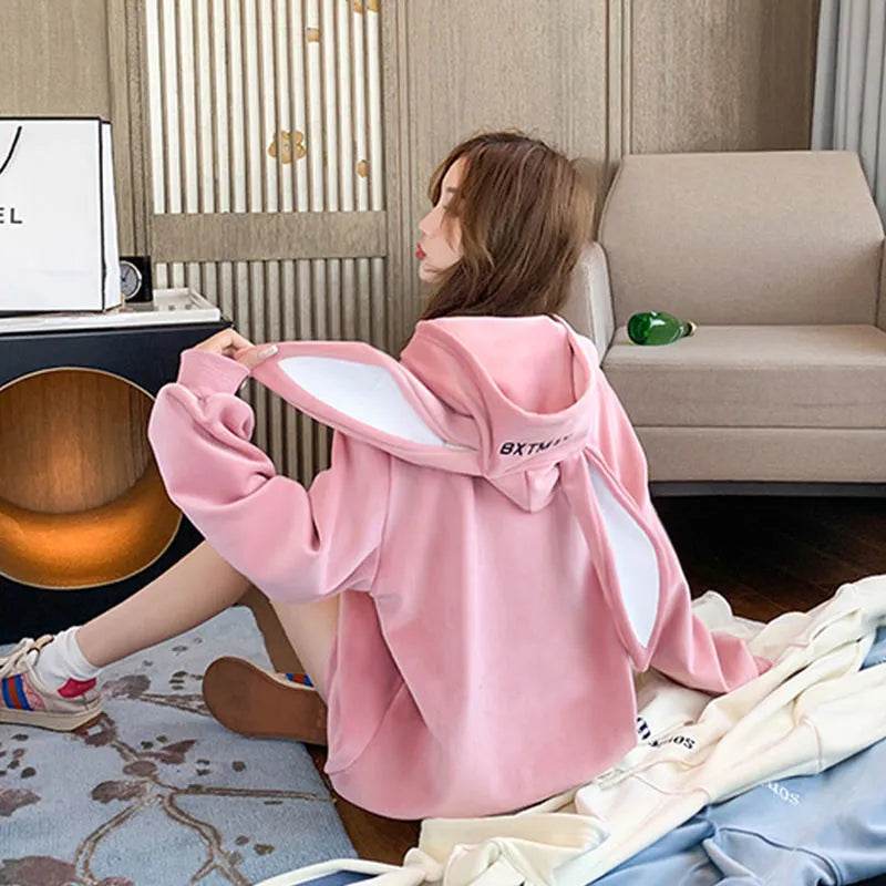Cute Women Girls Rabbit Ears Plus Velvet Thick Hoodies Pullover Pocket Sweatshirts - Velora