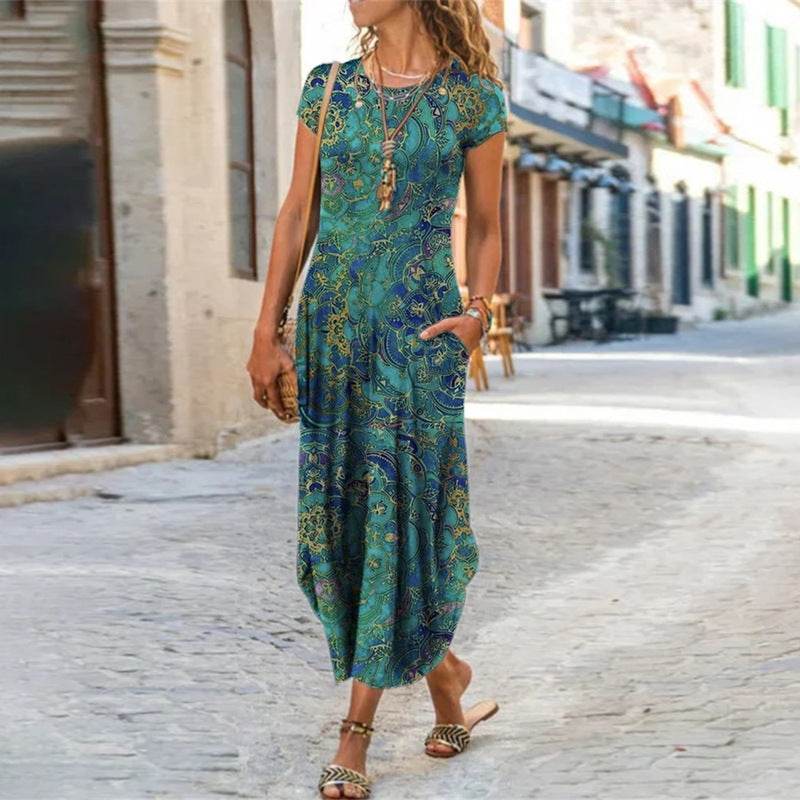 Round Neck Pocket Short Sleeve Trendy Printed Dress - Velora