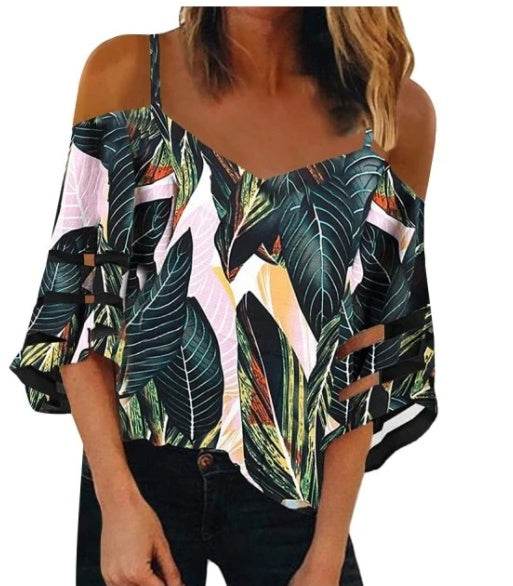 Flared Sleeve V-neck Printed Off Shoulder Sling - Velora
