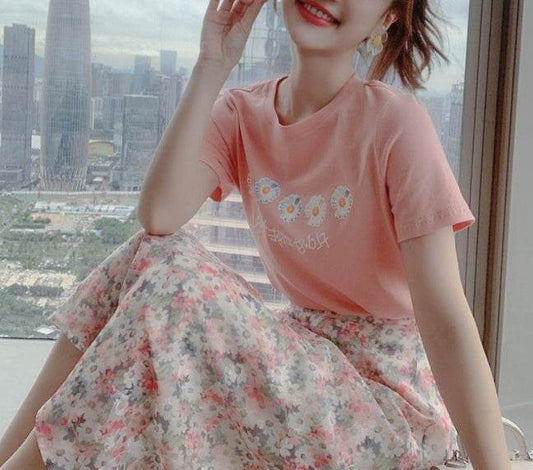 Summer Sale Sweet Daisy T-shirt Skirts Sets Women Leisure Floral Clothing Fashion Slimming Dress - Velora