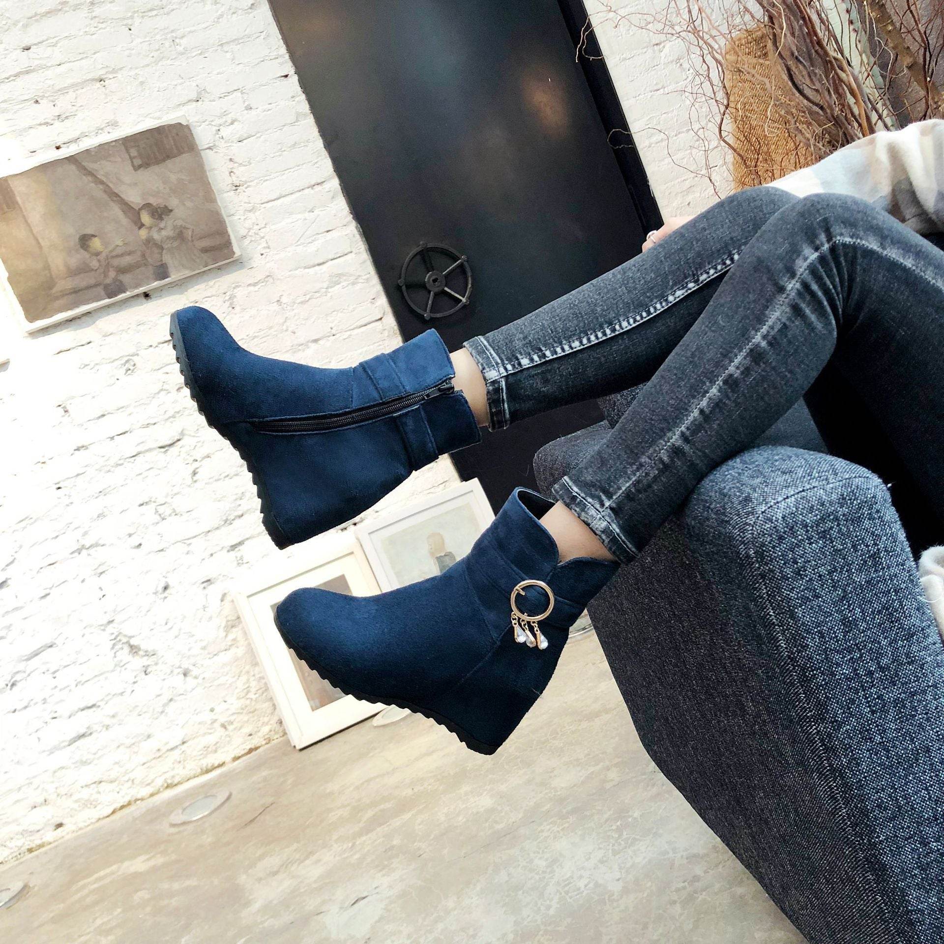 Fringed Round Toe Wedge Heel Winter Ladies Short Boots - Velora