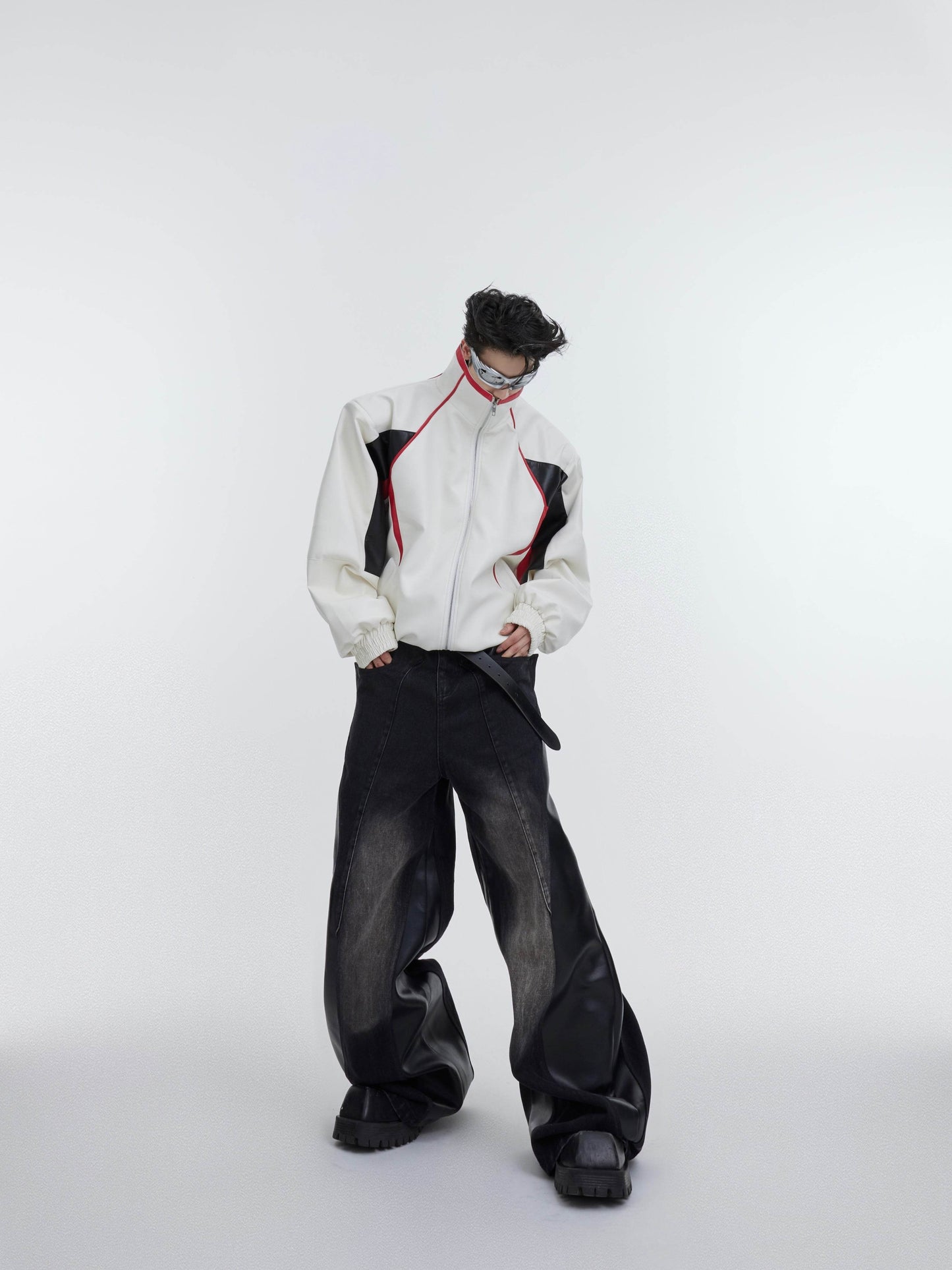 Retro Contrasting Color Patchwork Standing Collar PU Jacket - Velora
