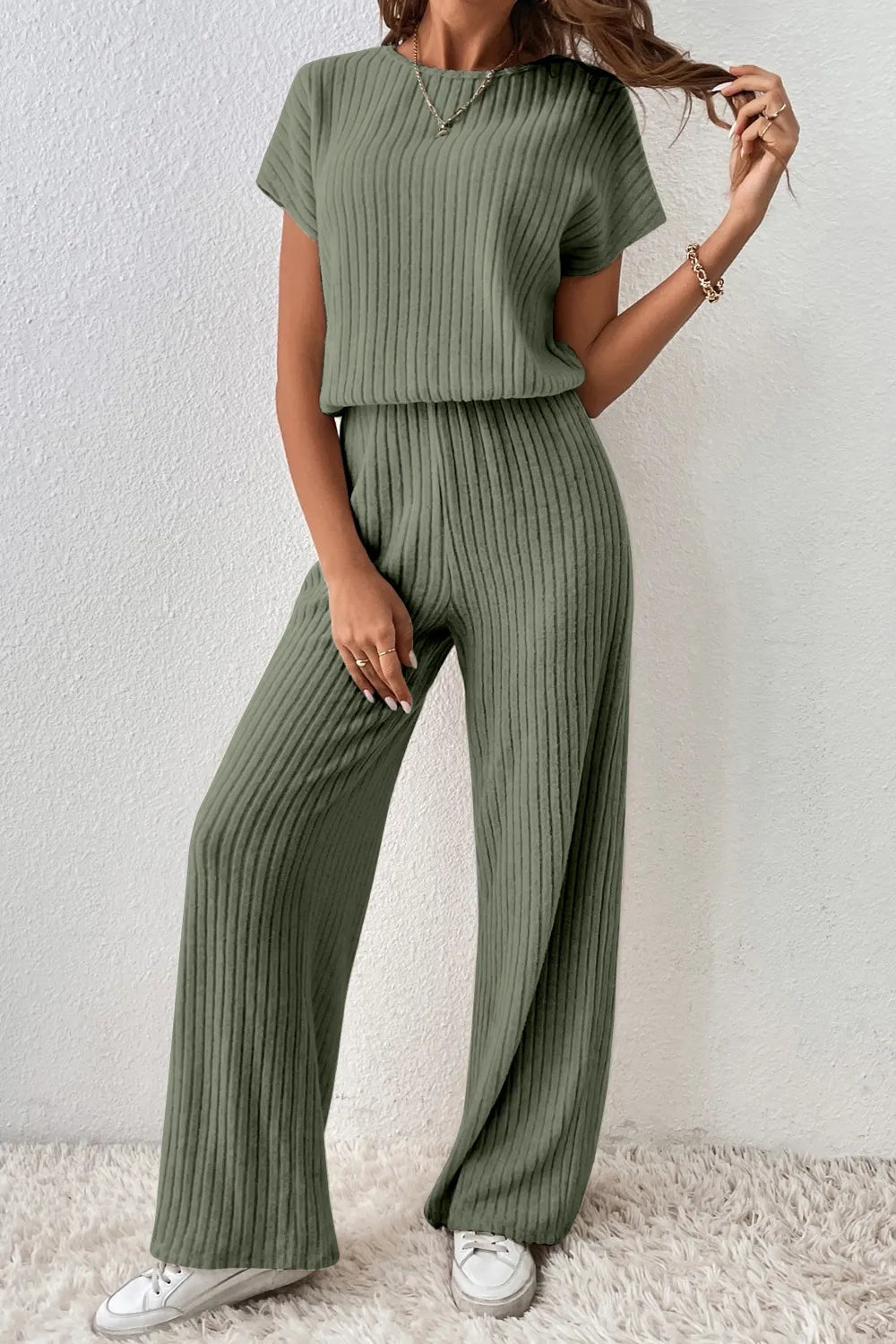 Ribbed Short Sleeve Wide Leg Jumpsuit - Velora