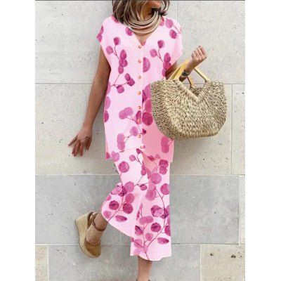Women's Long Dress Green Rayon Blend Botanical Print - Velora