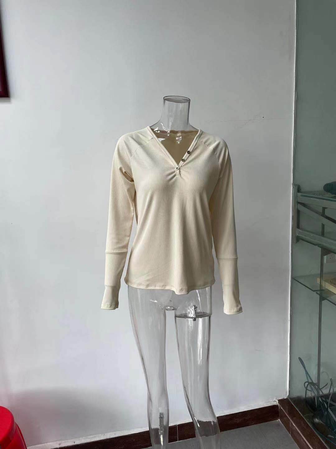 Button V-neck Versatile Long-sleeved T-shirt - Velora