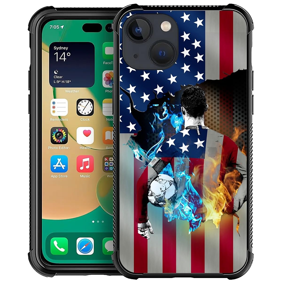 DJSOK Case Compatible with iPhone 14Ice and Fire Soccer America Flag Pattern DesignCase for iPhone 14 CaseDesign Pattern Back Bumper Anti Scratch Reinforced Corners Soft TPU Case