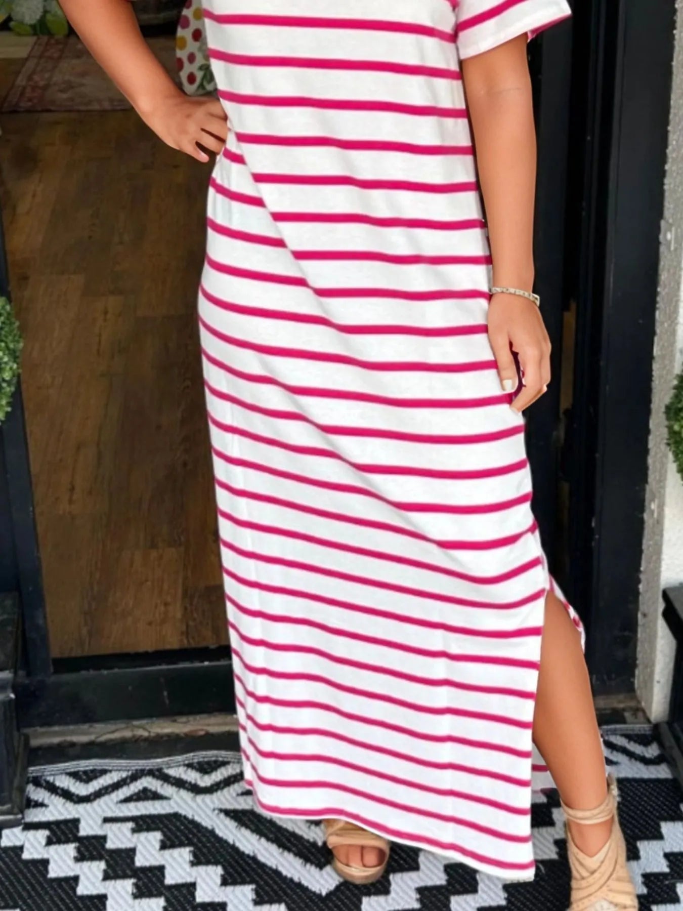 Full Size Striped T-Shirt Maxi Dress with Side Slit Plus Size - Velora