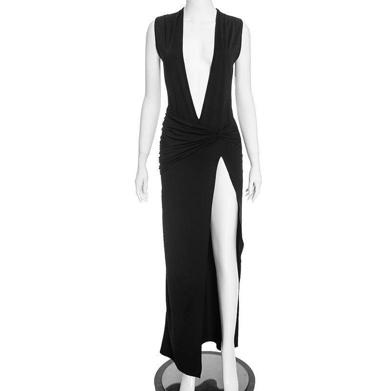 Solid Color Ultra Low Bosom Sexy Sleeveless Split Dress - Velora