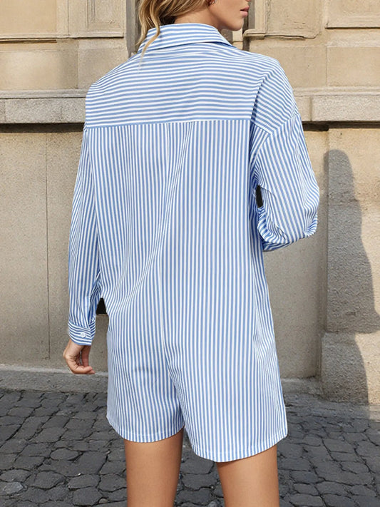 Striped Button Front Long Sleeve Romper - Velora