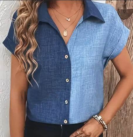 Color Block Button Up Blouse shirt Elegant Lapel Neck Short Sleeve Blouse For Every Day - Velora
