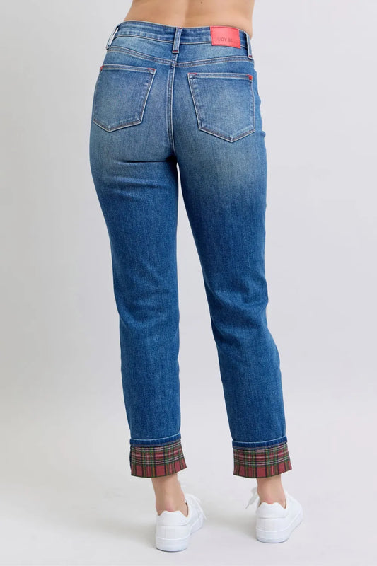 Judy Blue Full Size Plaid Print Cuff Straight Leg Jeans with Pockets - Velora