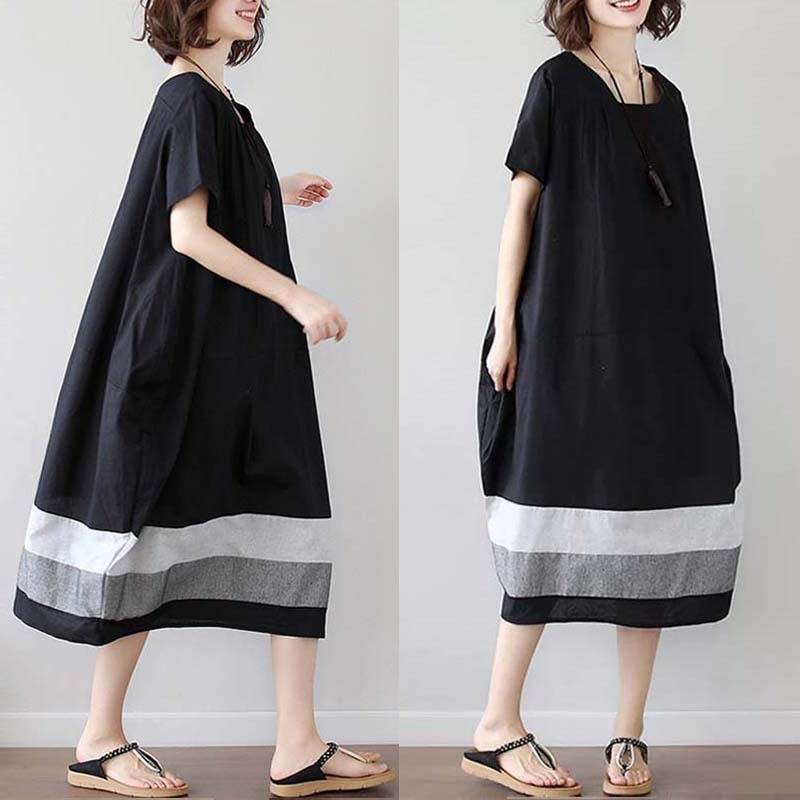 Cotton And Linen Short Sleeve Dress Large Size Women's Mid Length - Velora