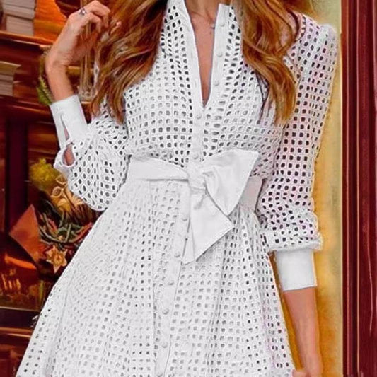 White Mesh Long Sleeve Fitted Waist Shirt Dress - Velora