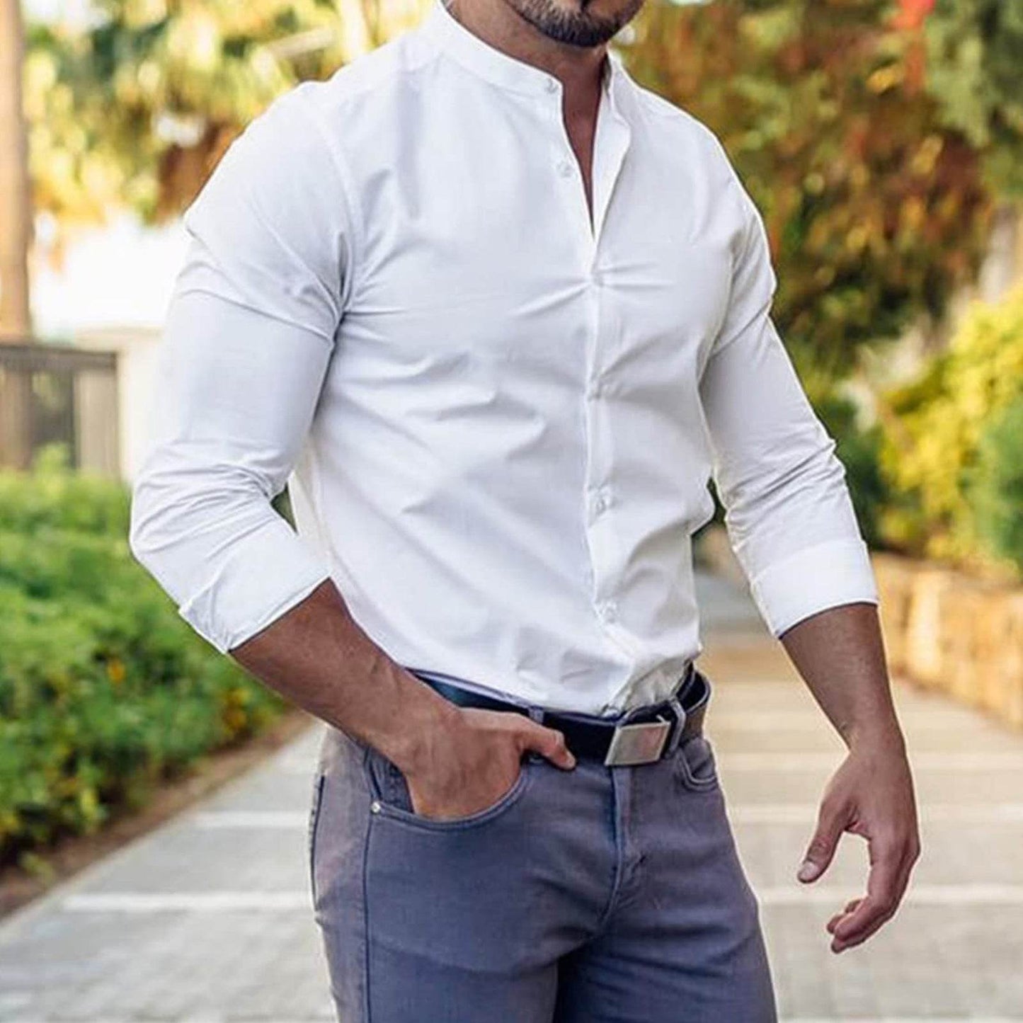 Long Sleeve Shirt Men Casual Button Down Slim Tops Solid Color Casual Mens Clothing - Velora
