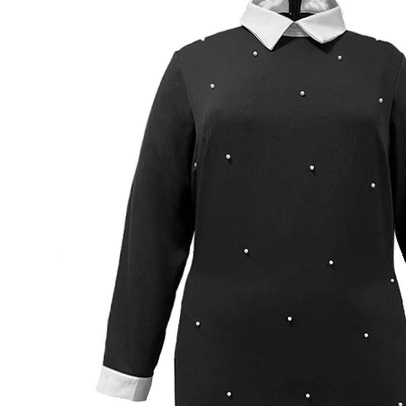 Elegant Lapel Long Sleeve Stitching Contrast Color Beaded Dress - Velora