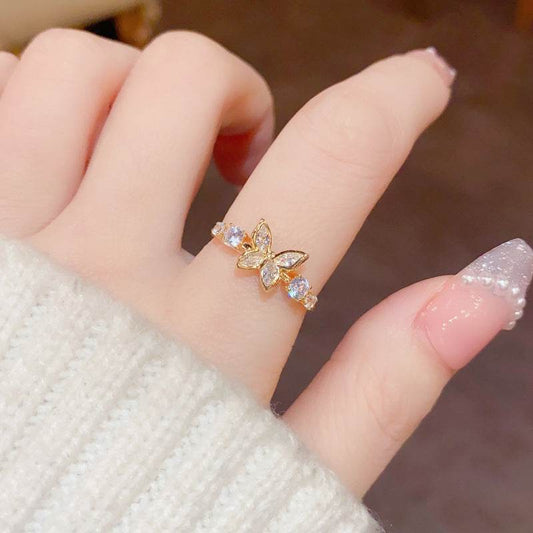 Fashion Jewelry New Style Gold Plated Beautiful Sweet Diamond Inlaid Butterfly Ring Women'S Luxury Temperament Elegant Ring Party Jewelry - Velora