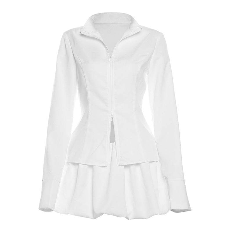 Slim Suits V-neck ZIpper Long-sleeved Top And Mini Skirt Ins Fashion Two-piece Set Women Clothing - Velora