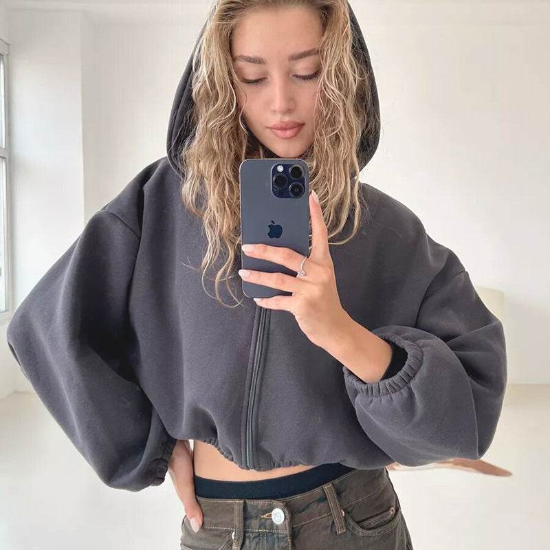 Casual Solid Color Hooded Short Jacket Y2K Fashion Sports Sweatshirt Long Sleeve Zip Up Cardigan Hoodies Women's Clothing - Velora