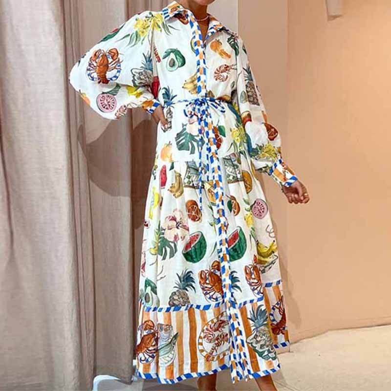 Print Holiday Women Beach Dress With Belts A-Line Long Lantern Sleeve Single Breasted Lapel Seaside Dresses Robe - Velora
