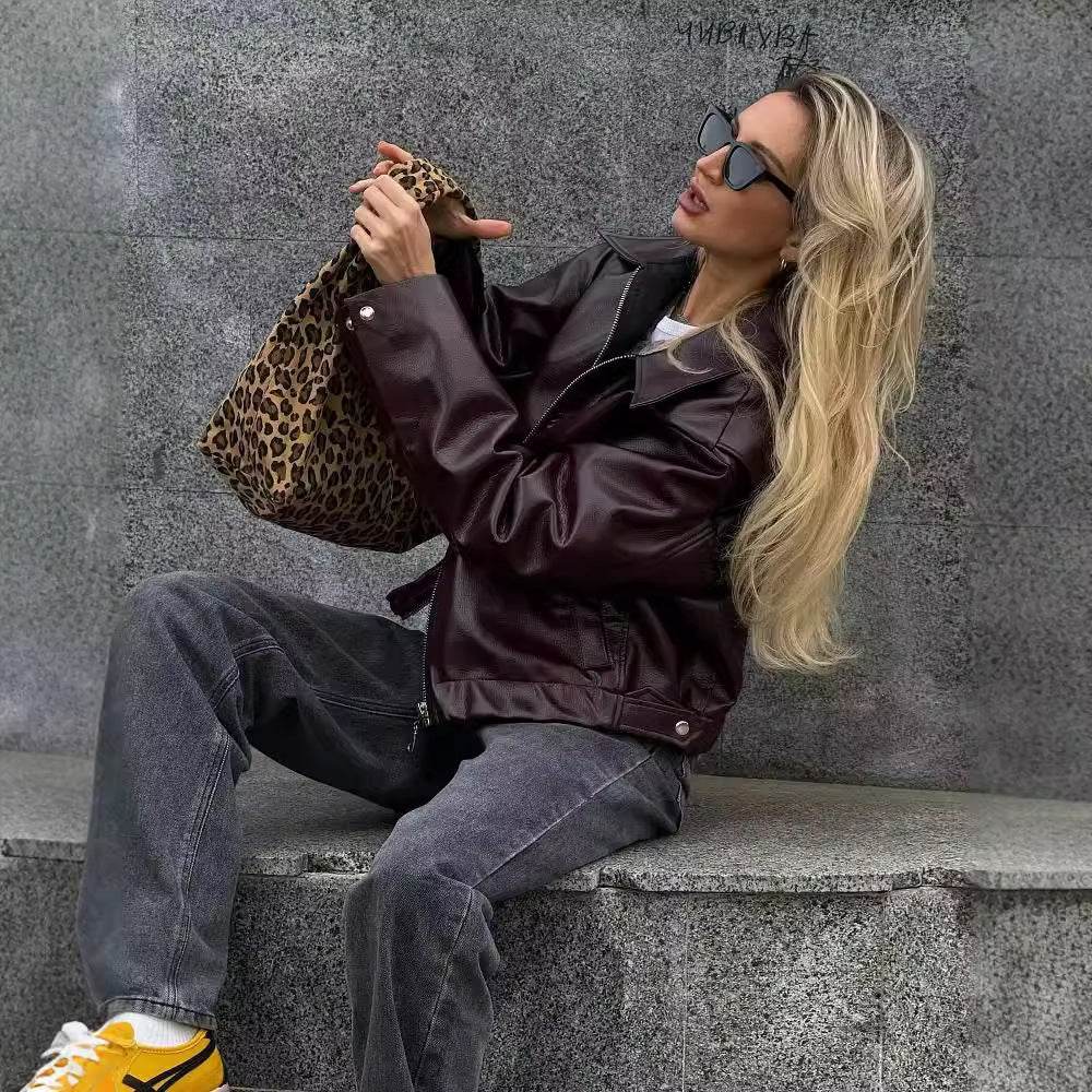 Solid Color Lapel Zipper Jacket Fashion Casual Long Sleeve Leather Coat Tops Women Clothing - Velora