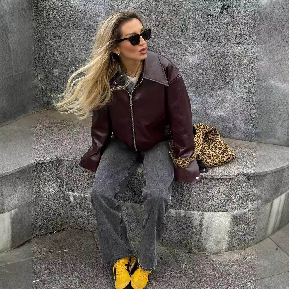 Solid Color Lapel Zipper Jacket Fashion Casual Long Sleeve Leather Coat Tops Women Clothing - Velora