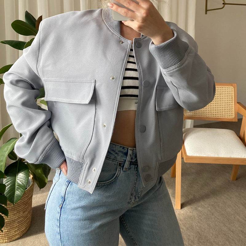 Fashion Button Stand-collar Jacket With Big Pockets Casual Loose Short Outwear Tops Coat For Women Clothing - Velora