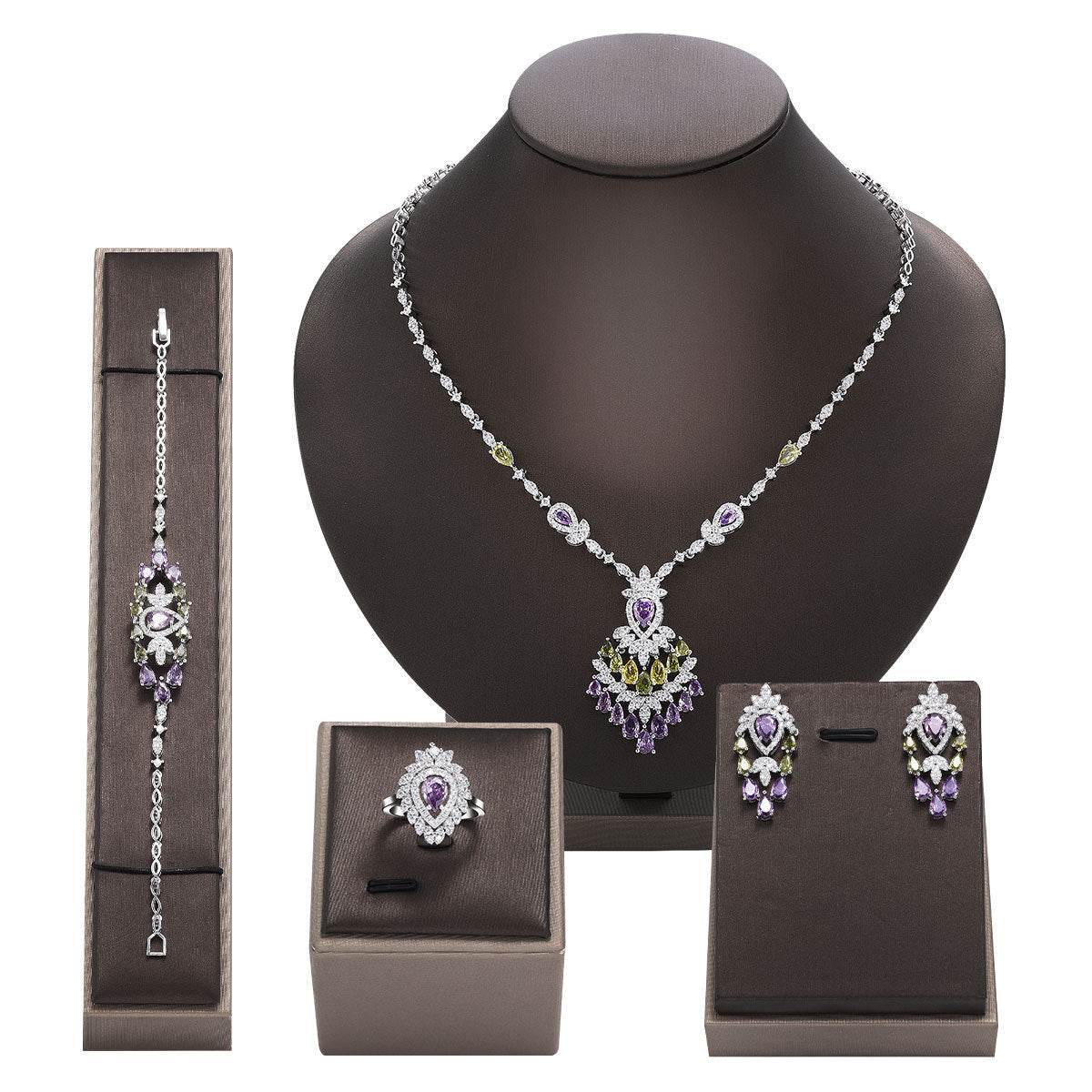 Color Zirconium Necklace Earrings 4-piece Set - Velora