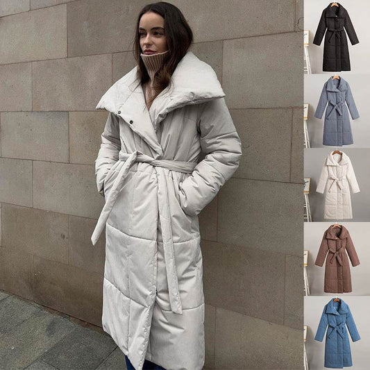 Fashion Large Lapel Long Coat Winter Warm Cotton Jacket With Pockets And Lace-up Design Casual Solid Color Thick Coat For Women Outwear Clothing - Velora