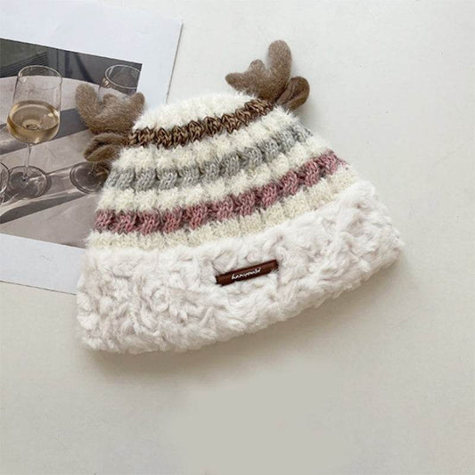 Christmas Knitted Hat With Cute Deer Antler Winter Warm Thick Hat For Girls Women - Velora