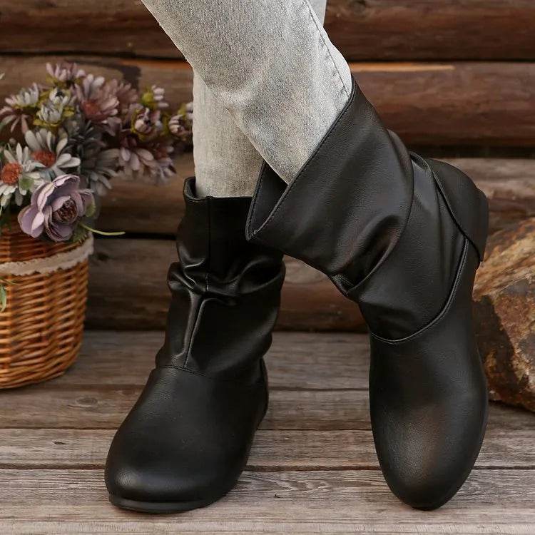 Fashion Round-toed Flat Boots Versatile Simple Slip-on Western Cowboy Boot Casual Short Shoes For Women - Velora