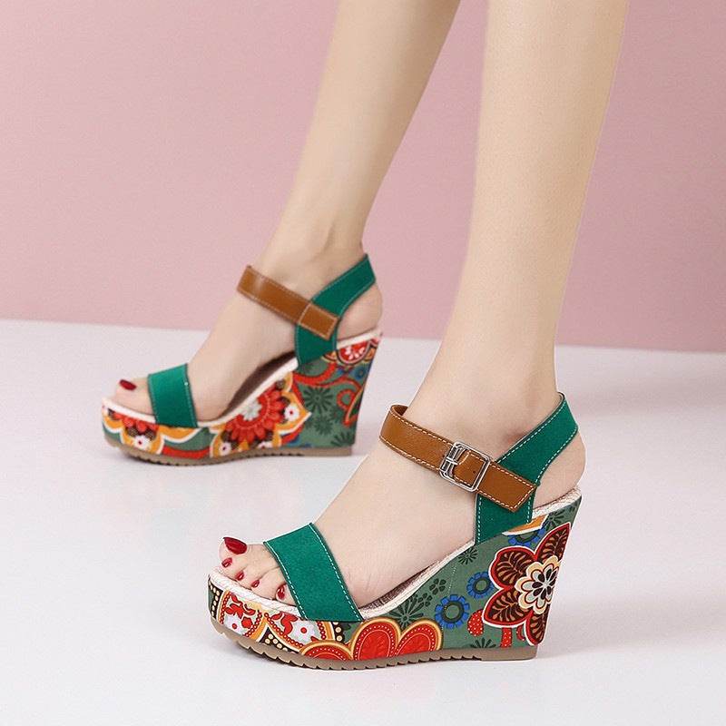 Fashion Flowers Embroidered High Wedge Sandals For Women Summer Toe Platform Buckle Shoes - Velora
