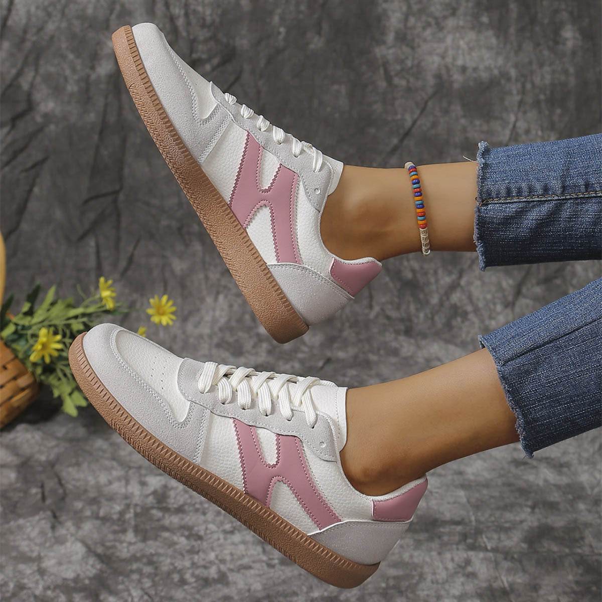 New Colorblock Lace-up Flats Shoes Fashion Round Toe Slip On Casual Shoes For Women - Velora