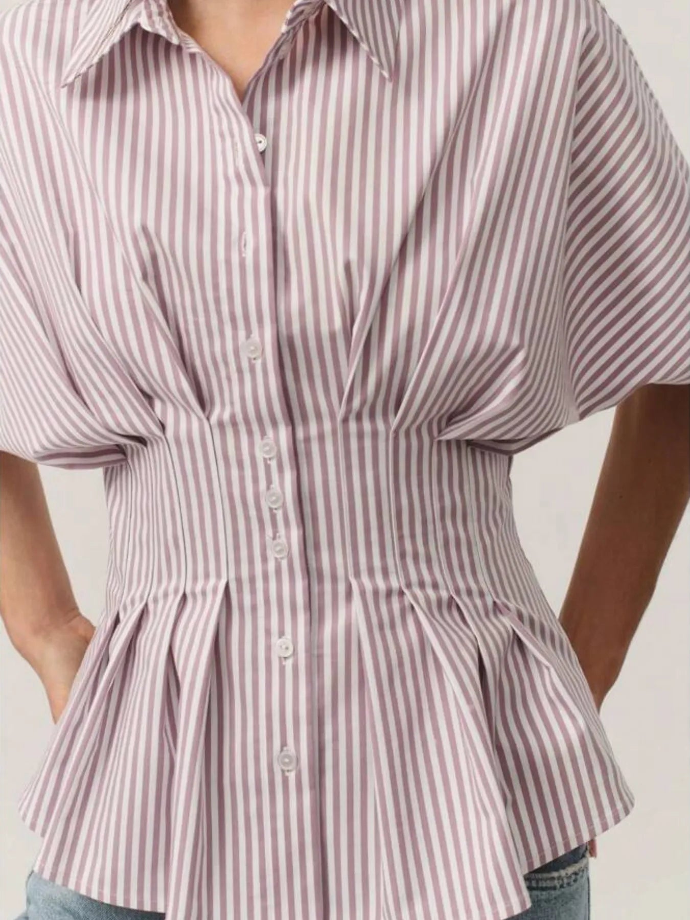 Striped Short Sleeve Button-Up Shirt - Velora