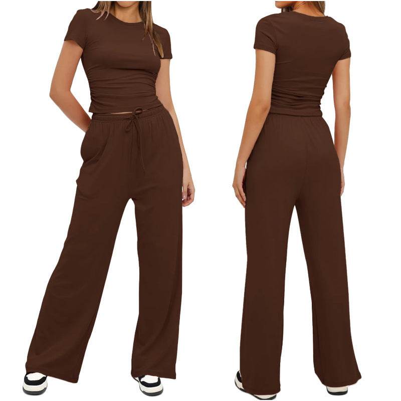 Fashion Casual Set Pleated Short Sleeves Top And Trousers - Velora