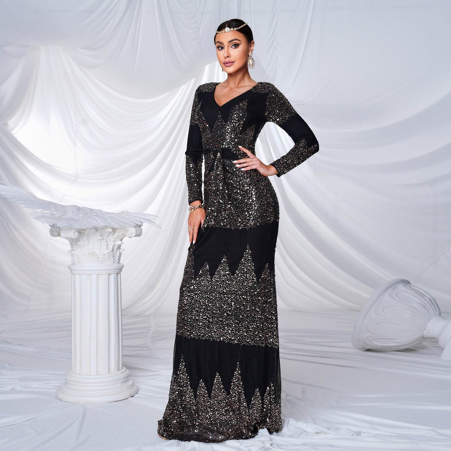 Long Sleeve V-neck Sexy Slim-fit Long Sequined Banquet Evening Dress - Velora