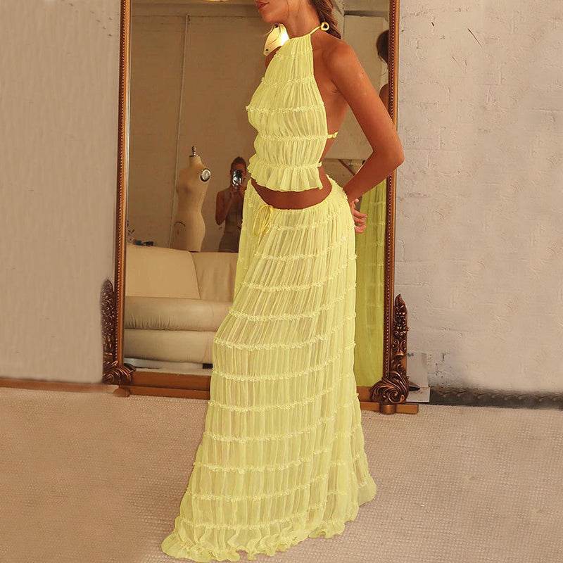 2pcs Women's Dress Suit Sexy Sleeveless Backless Cropped Halter Top And Pleated Long Dress - Velora