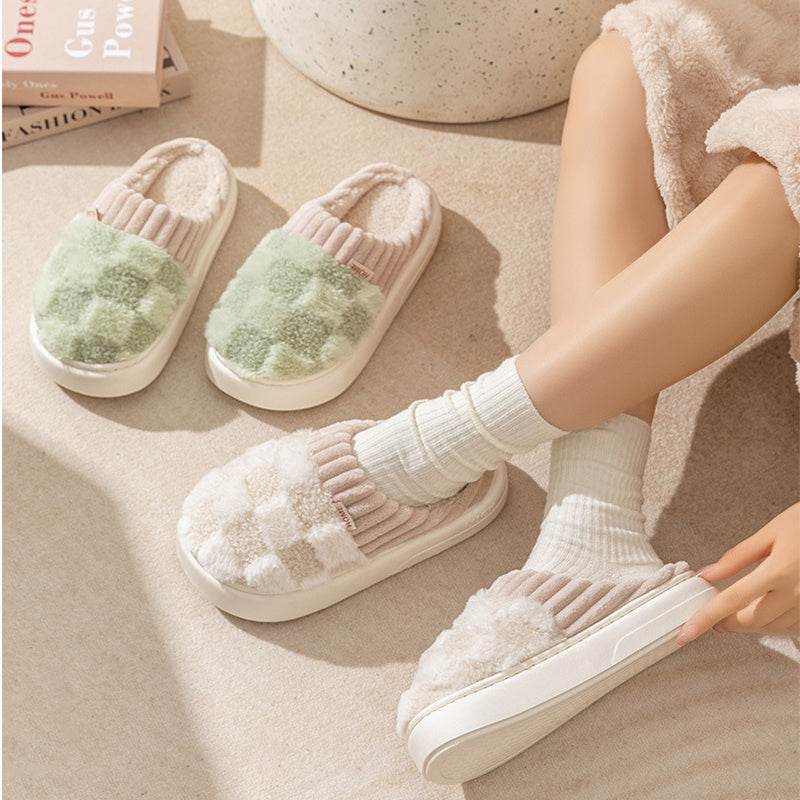 Plaid Plush Slippers Women's Indoor Plush Home Slippers Soft Sole Thick Non-Slip Warm House Shoes Couple Autumn And Winter - Velora