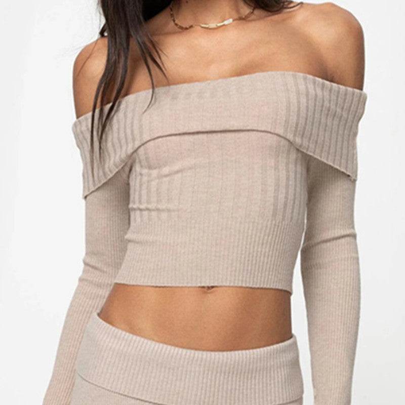 Boat Neck Long Sleeve Knitted Sweater Off-shoulder Crop Short Top SFor Womens Clothing - Velora