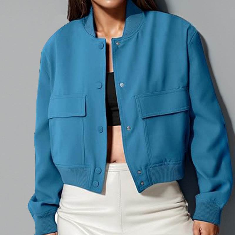 Fashion Button Stand-collar Jacket With Big Pockets Casual Loose Short Outwear Tops Coat For Women Clothing - Velora